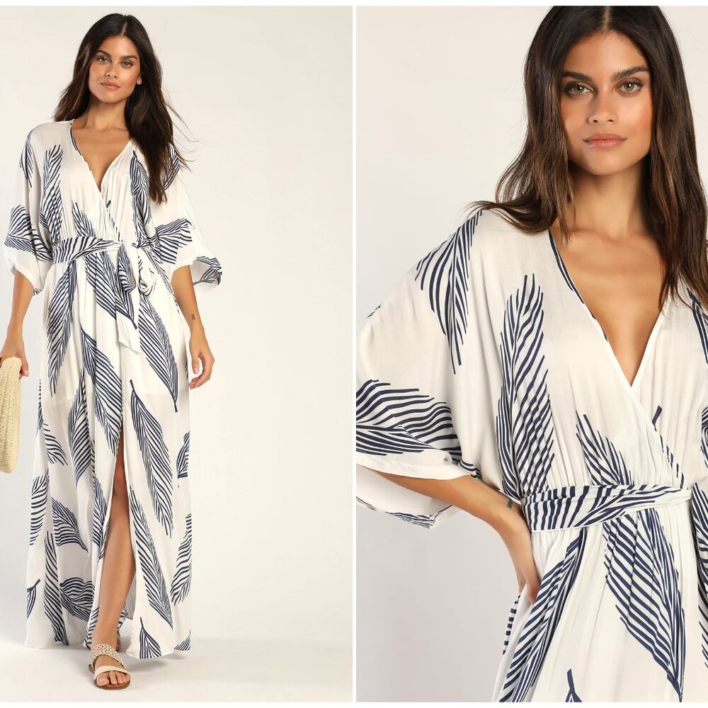Sign of the Times White and Navy Blue Leaf Print Maxi Dress